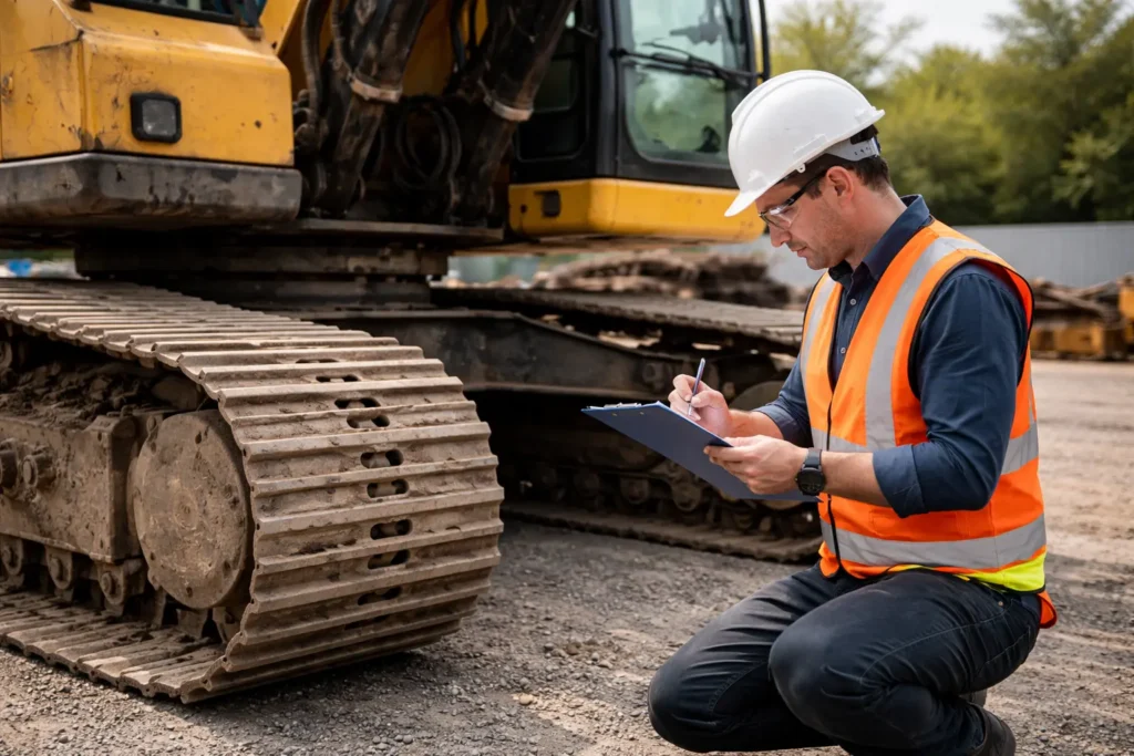 Technician examining an excavator and taking notes during inspection