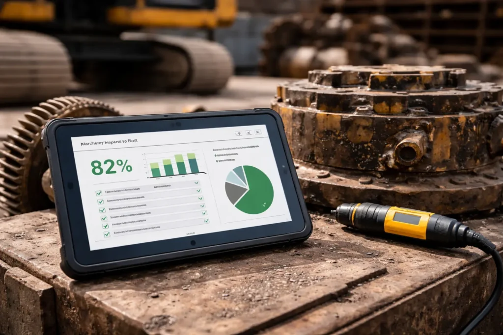 Digital screen showing inspection data beside heavy machinery components