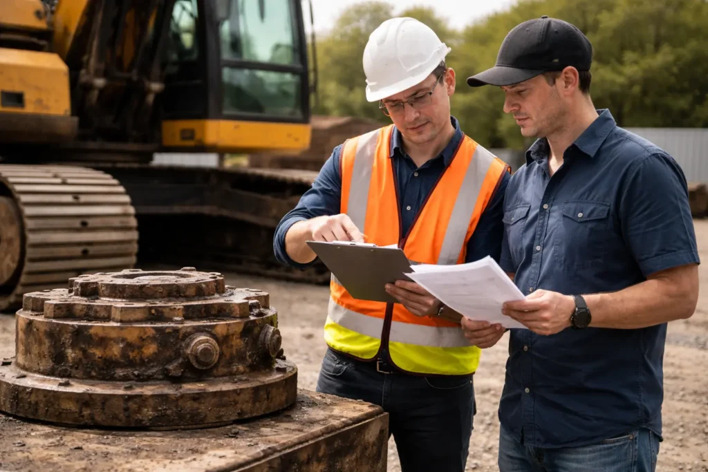 Two people reviewing warranty documents for used excavator parts