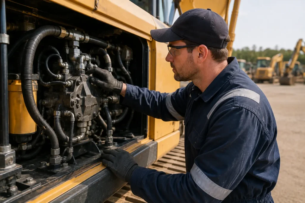 Mechanic inspecting hydraulic hoses
