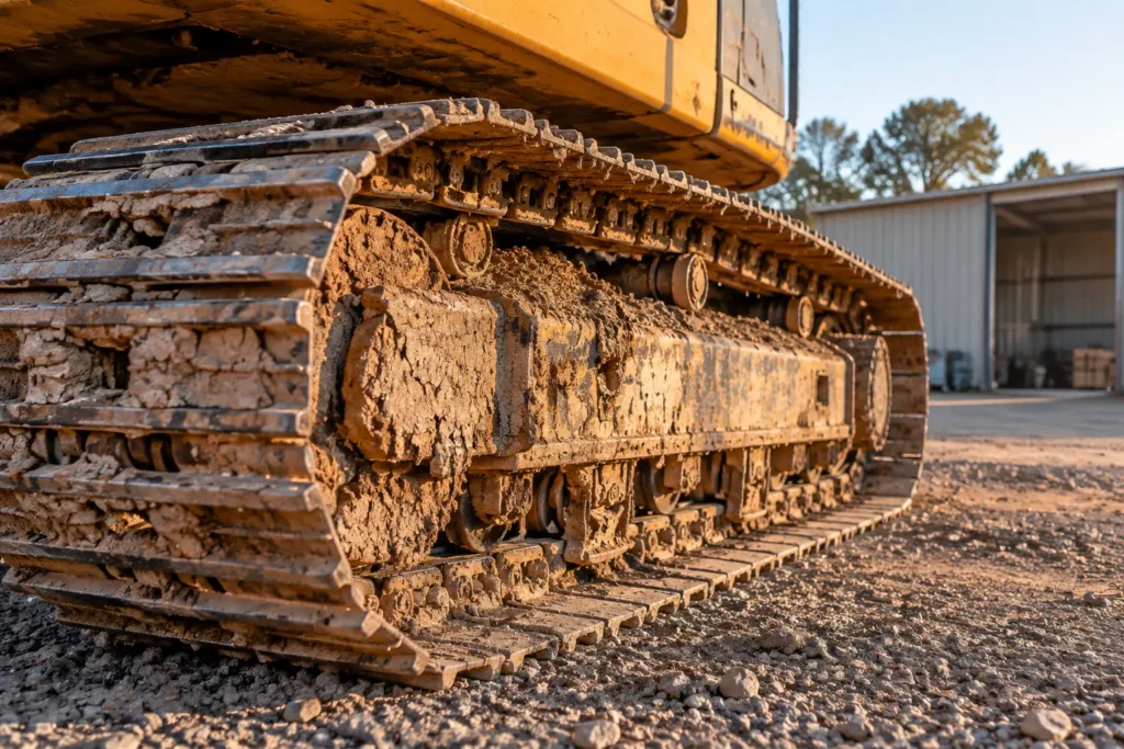 Dried mud around excavator tracks