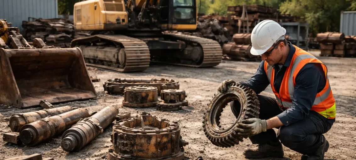 Person inspecting used excavator parts in an outdoor industrial setting