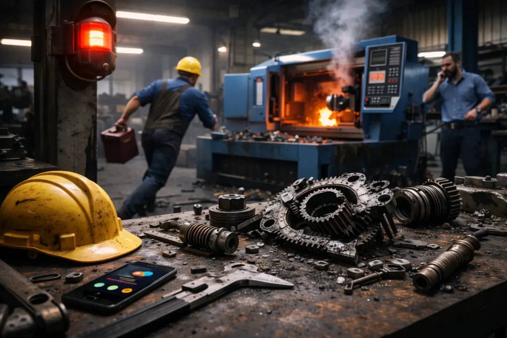 A worker running to repair the machine
