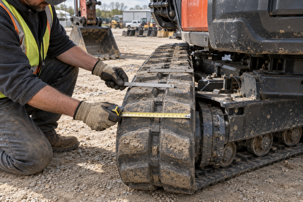 The mechanic measures excavator track width and link pitch