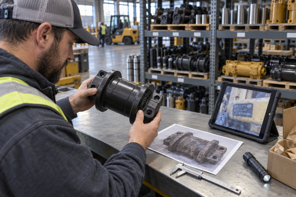 The parts supplier verifies excavator component before shipment