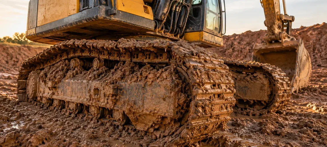 Mud-packed excavator undercarriage